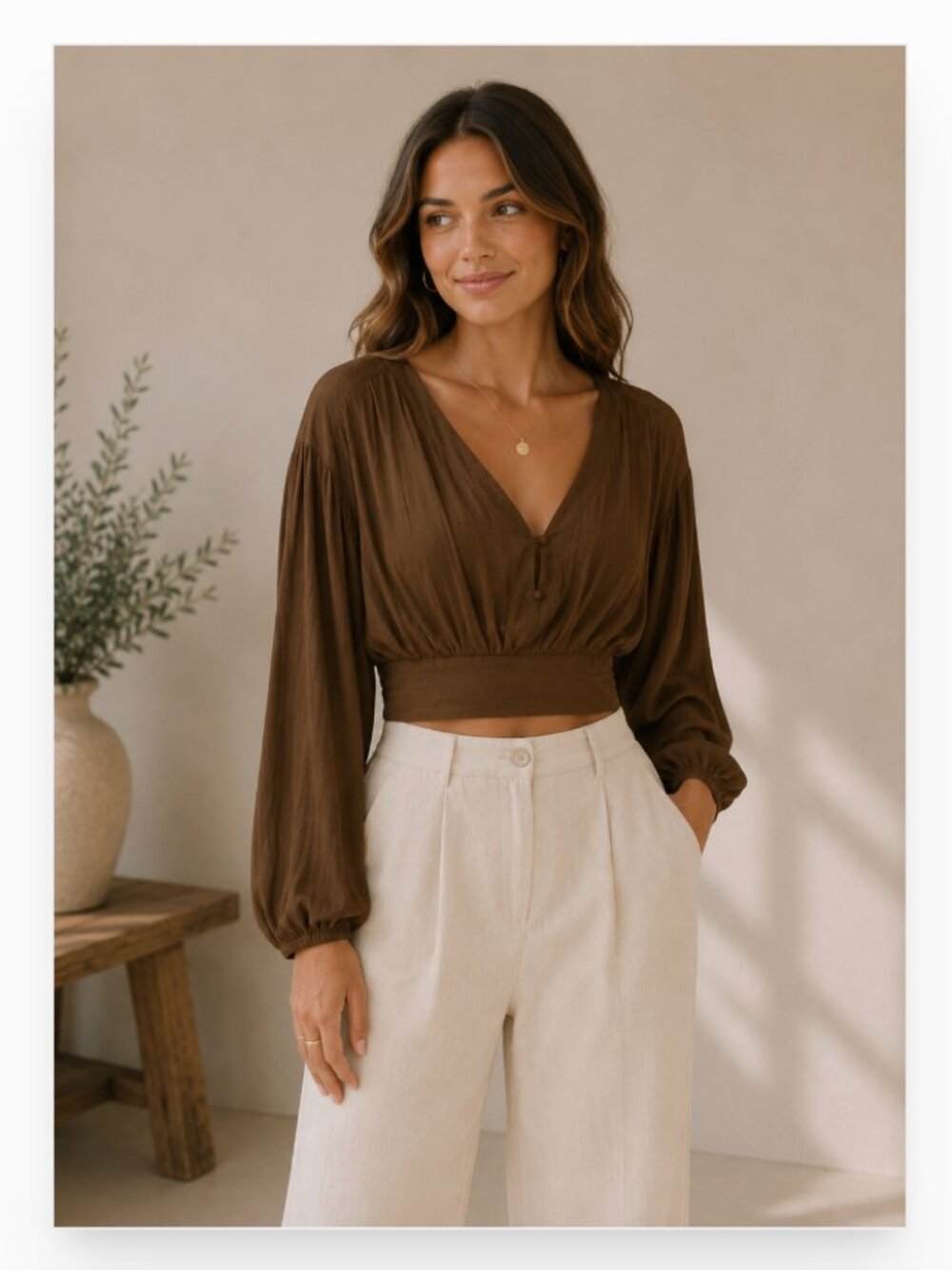 Anthropologie Brown V-Neck Long Sleeve Cropped Blouse